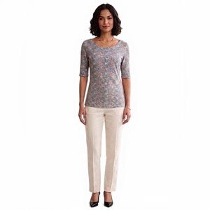 Floral Scoop Neck Elbow Sleeve Top - Pastel Multi